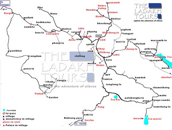 leh map, ladakh map, zanskar map, pangong lake map, nubra valley map